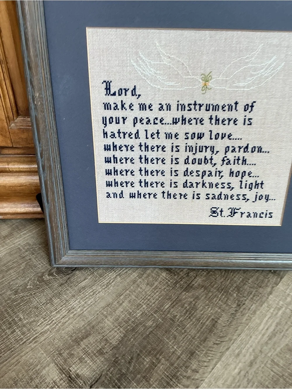 St. Francis Prayer Cross-Stitch Wall Art in Blue and Cream